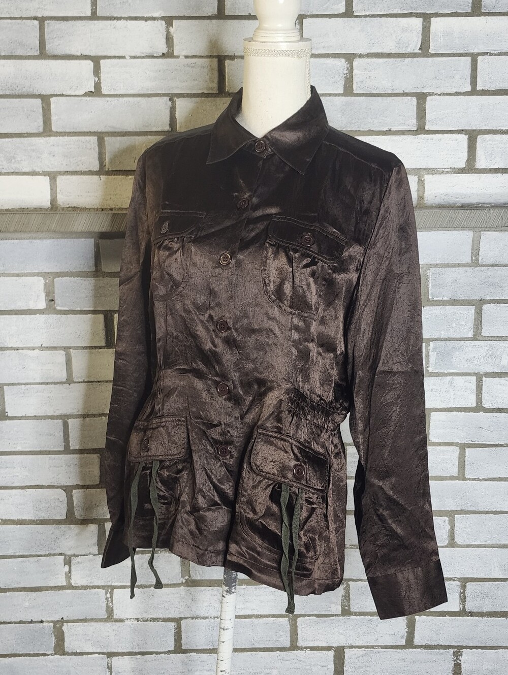 Vintage Newport News Long Sleeve Button Up Satin Blouse Jacket 10 Brown Utility
